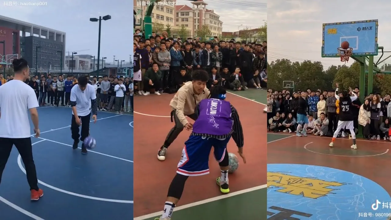 Một nhóm thanh niên đang chơi bóng rổ đường phố dưới ánh nắng chiều tà, thể hiện tinh thần tự do và đam mê của môn thể thao này.