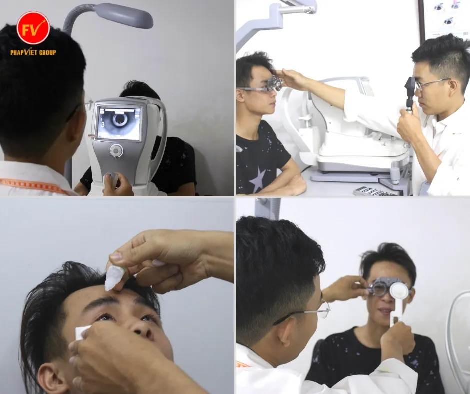Chuyên gia thực hiện đo thị lực tổng quát, bao gồm phương pháp bóng bàn tay, tại phòng khám
