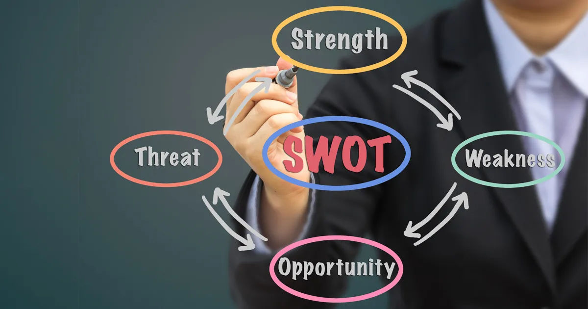 Biểu đồ phân tích SWOT với các yếu tố nội bộ và bên ngoài, minh họa cấu trúc mà một đội bóng có thể sử dụng để lập kế hoạch cho cách tổ chức trận giao hữu giúp đội cải thiện chiến thuật.