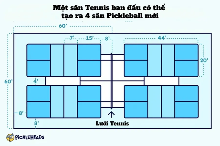 So sánh kích thước sân Pickleball và Tennis